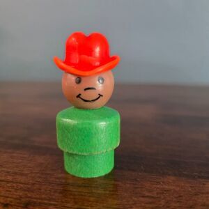 Vintage Wooden Fisher Price Little People Green Cowboy Red Hat